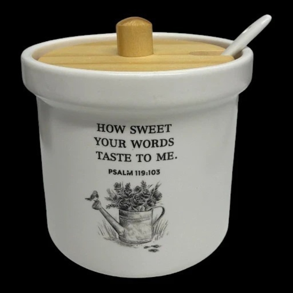 DaySpring Psalm How Sweet Ceramic Condiment Jar w/ Bamboo Lid Spoon White NIB